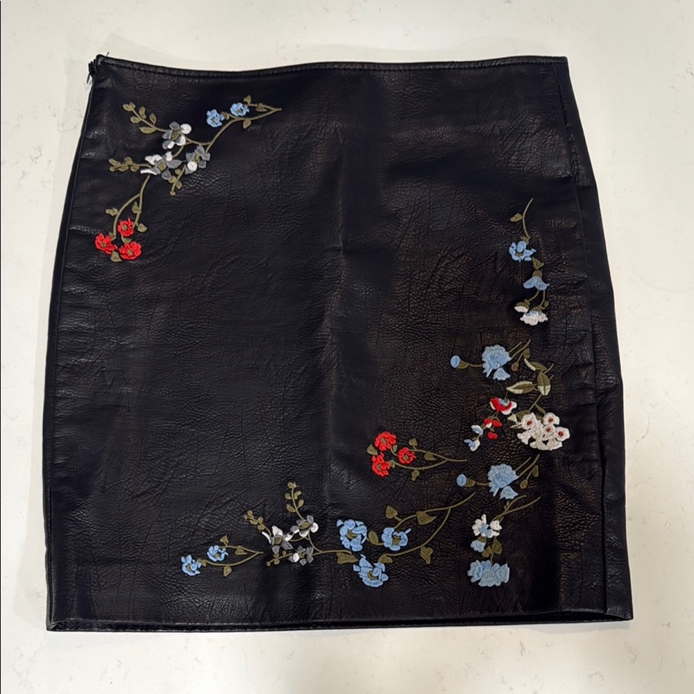 Floral Embroidered Black Faux Leather Skirt